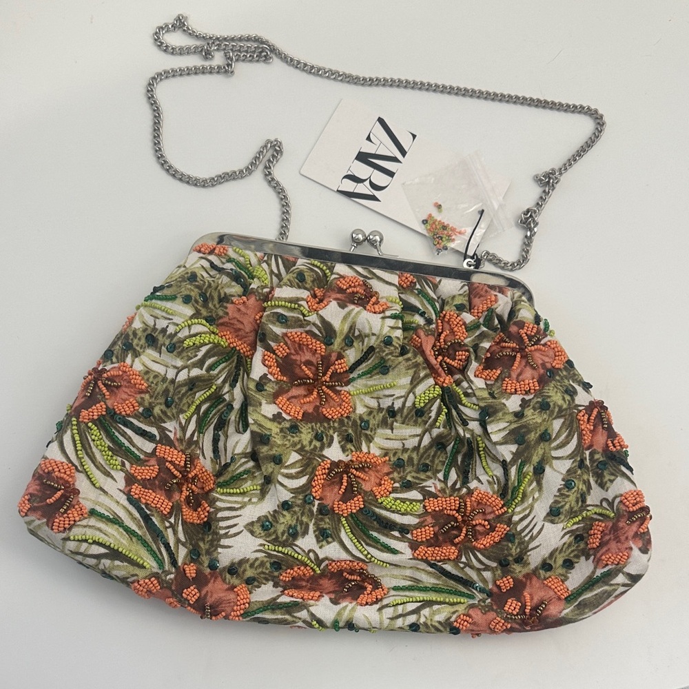 Zara Embroidered Floral Clutch with Chain - Orange and Green
